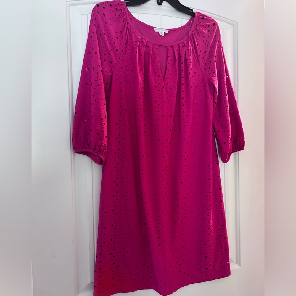 London Times Fuchsia Eyelet Shift Dress with Scoop Keyhole